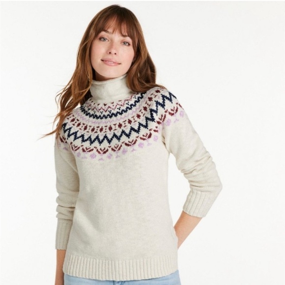 L.L. Bean Cotton Ragg Sweater, Funnelneck Pullover Fair Isle large - Picture 1 of 8